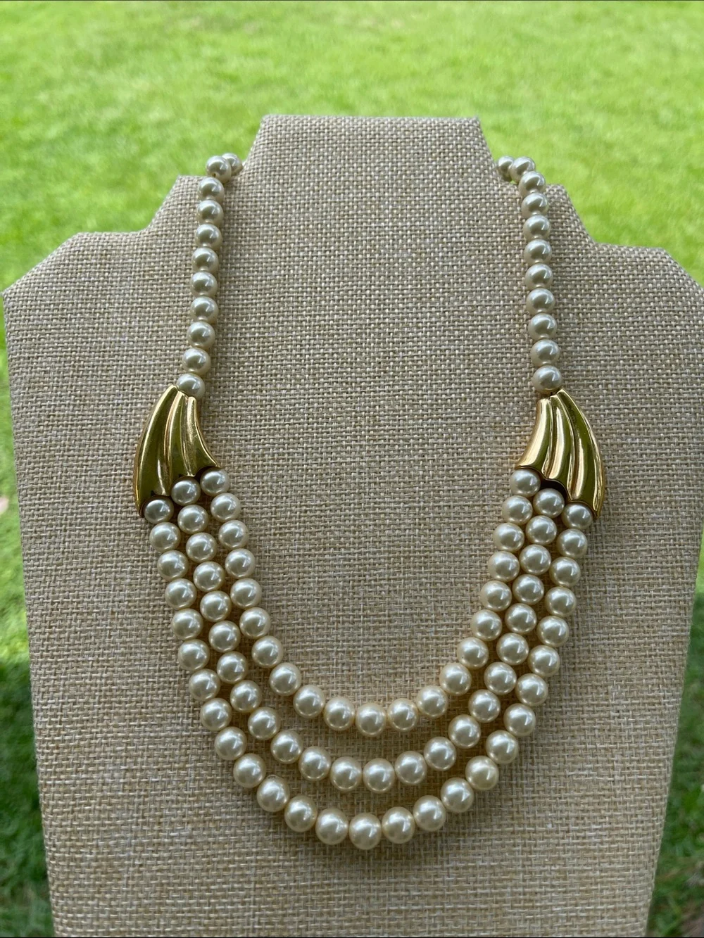 Vintage Napier Three Strand Waterfall Faux Pearl Necklace - Ivory/Cream 18” appr